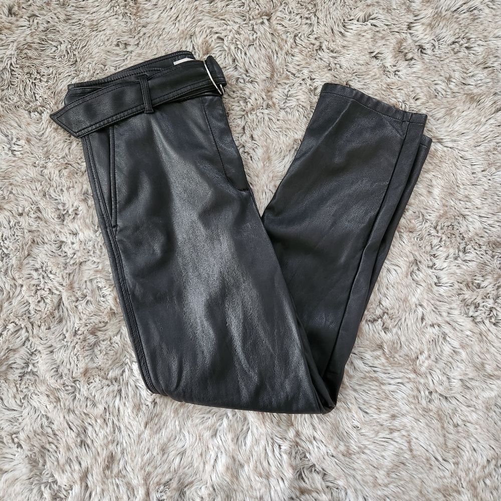 LOFT Imitation Leather‎ High Rise Belted Black Slim Pants Size 4